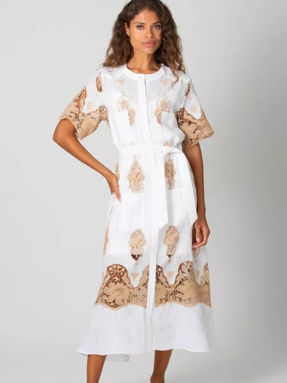 Miguelina Coraline Two Tone Linen Embroidered Dress NWT $850 Size S